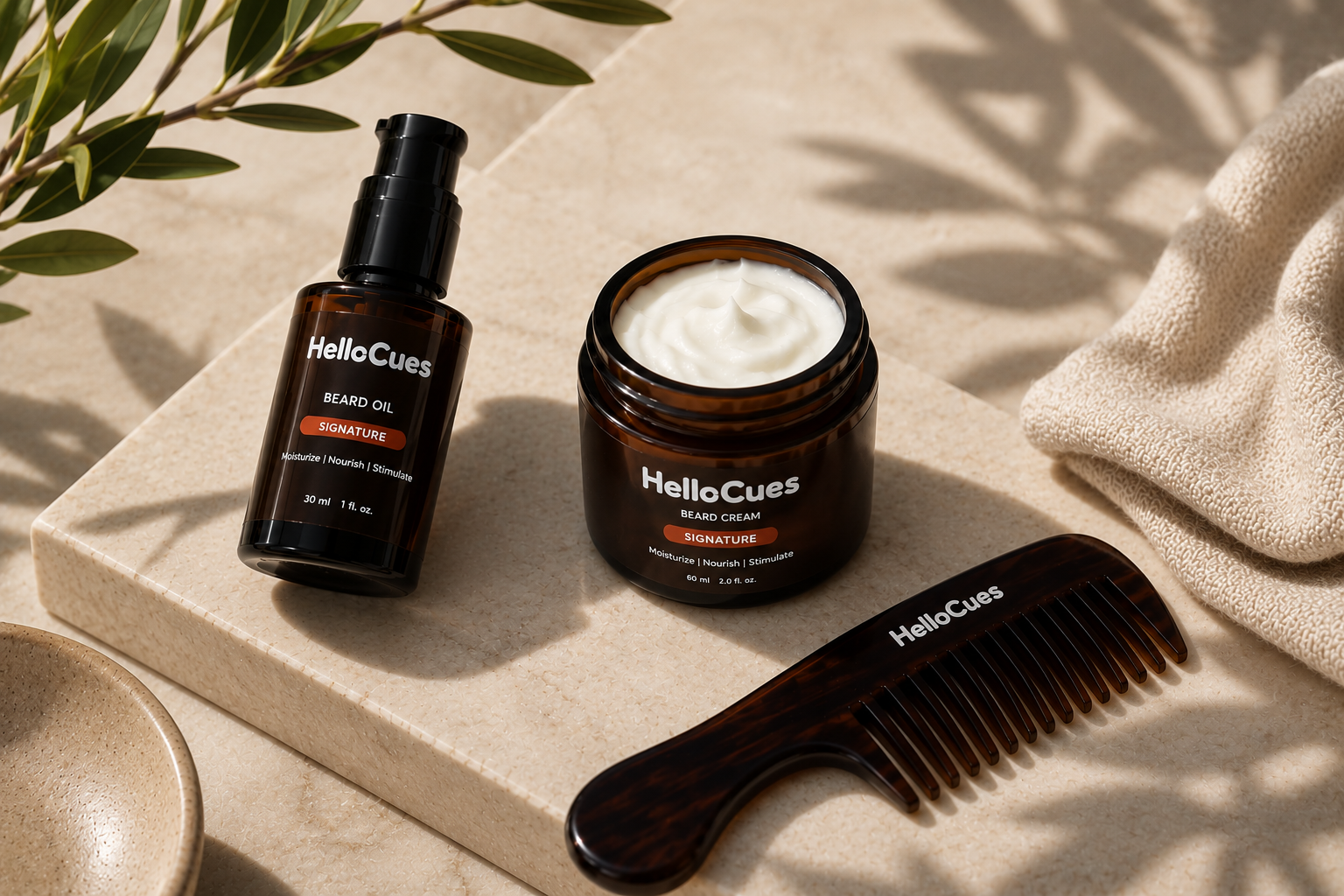 HelloCues beard oil, beard cream, and comb on a warm stone surface
